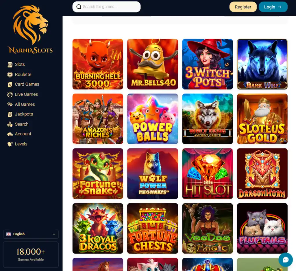Narnia Slots Casino desktop slots lobby screenshot presenting variety of slot games with categories and providers - Tested