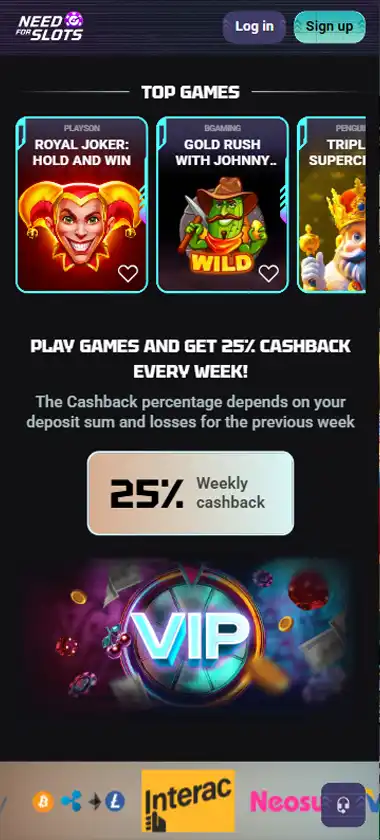 Need for Slots Casino mobile top games section screenshot displaying most popular and featured slot titles - tested
