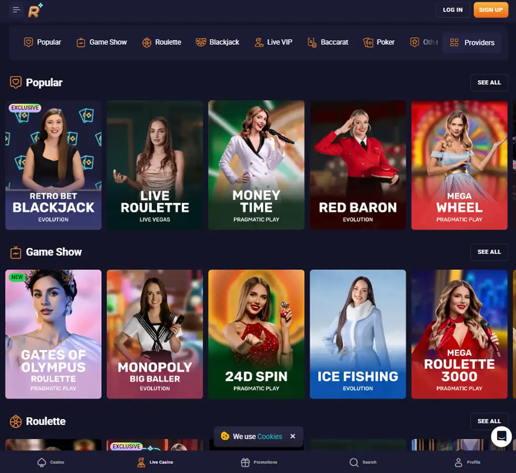 RetroBet Casino desktop live casino lobby screenshot featuring live dealer games and real time streaming interface   review testing