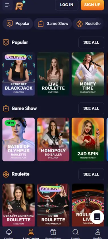 RetroBet Casino mobile live casino interface screenshot showing live dealer tables including blackjack and roulette   tested
