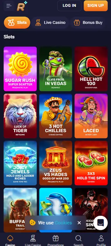 RetroBet Casino mobile slots interface screenshot showing slot game selection with popular titles and filtering options   captured during platform testing