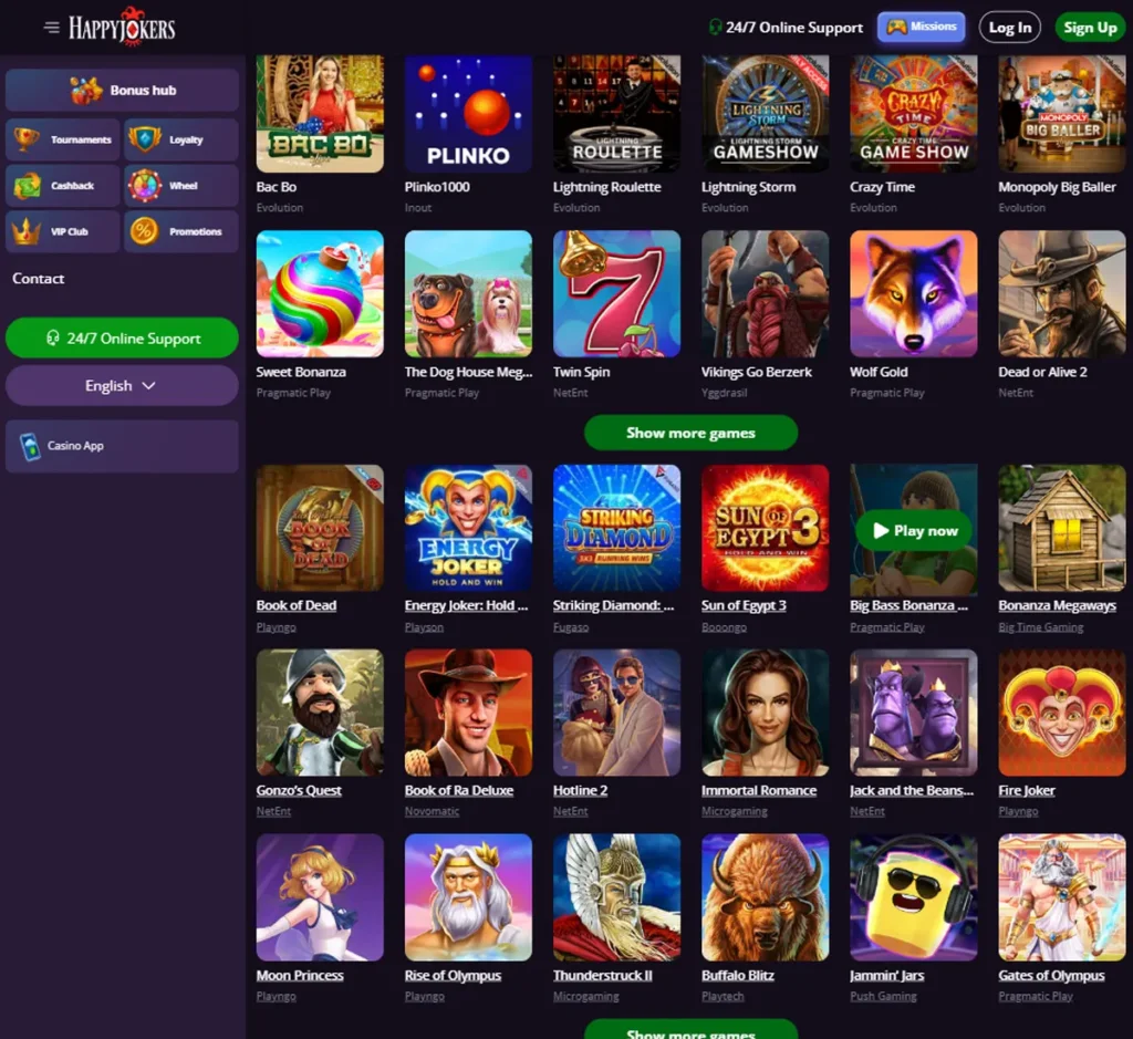Happy Jokers Casino desktop top games screenshot displaying featured game selection, popular titles, and categorized game grid on widescreen interface - tested