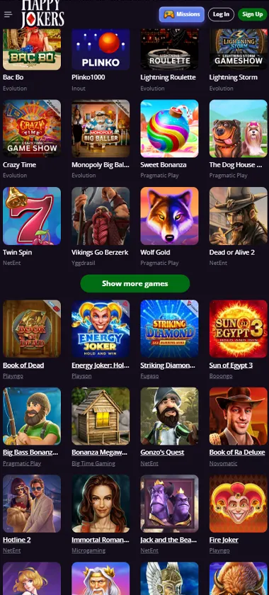 Happy Jokers Casino mobile top games screenshot showing featured game selection, popular titles, and categorized game grid on smartphone interface - tested