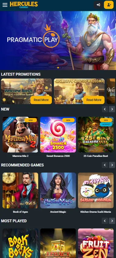 Hercules Casino mobile homepage screenshot showing hero banners, navigation menu, featured games, and promotional sections on smartphone interface - tested
