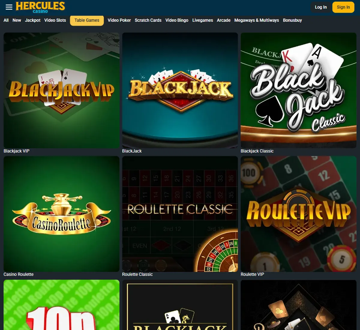 Hercules Casino desktop table games screenshot displaying blackjack, roulette, and other table game options with categories and game thumbnails on widescreen interface   tested