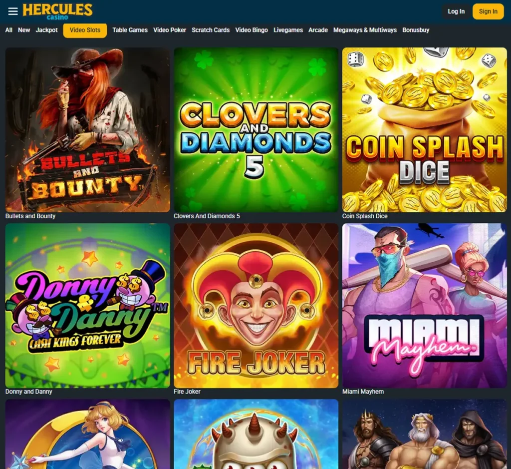 Hercules Casino desktop video slots screenshot displaying slot game library with featured titles, categories, and filtering options on widescreen interface - tested