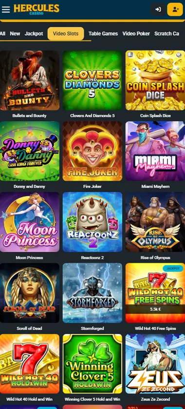 Hercules Casino mobile video slots screenshot showing slot game library with featured titles, categories, and scrollable navigation on smartphone interface - tested