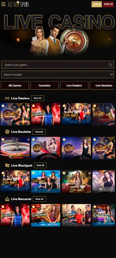 JetSet Spins Casino mobile live casino screenshot showing live dealer tables, game thumbnails, and lobby navigation on smartphone interface - tested
