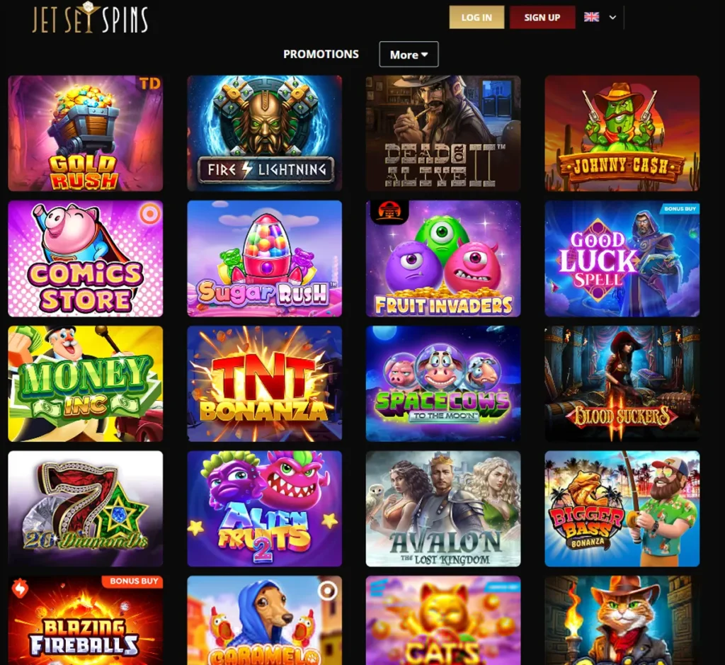 JetSet Spins Casino desktop slots screenshot displaying full game library with categories, featured slots, and filtering options on widescreen interface - tested