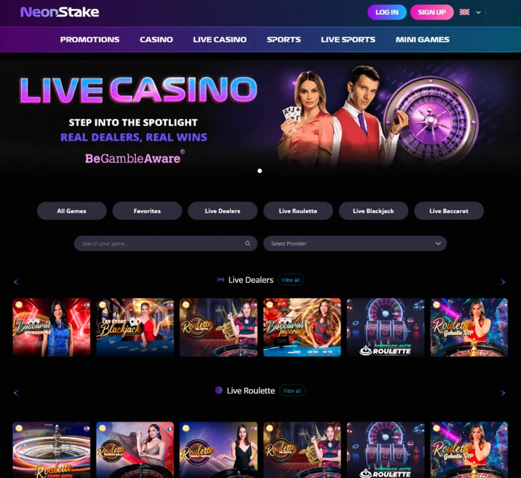 Neonstake Casino desktop live casino screenshot displaying live dealer tables, streaming interface, and game selection grid on widescreen layout   tested