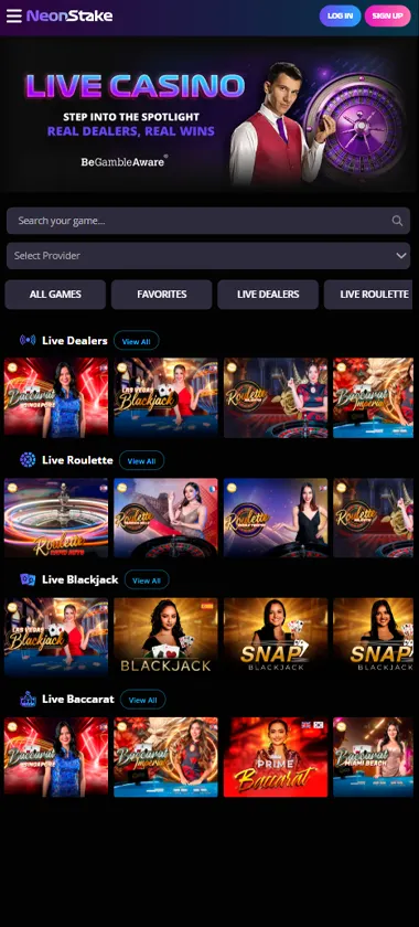 Neonstake Casino mobile live casino screenshot showing live dealer tables, game thumbnails, and lobby navigation on smartphone interface   tested