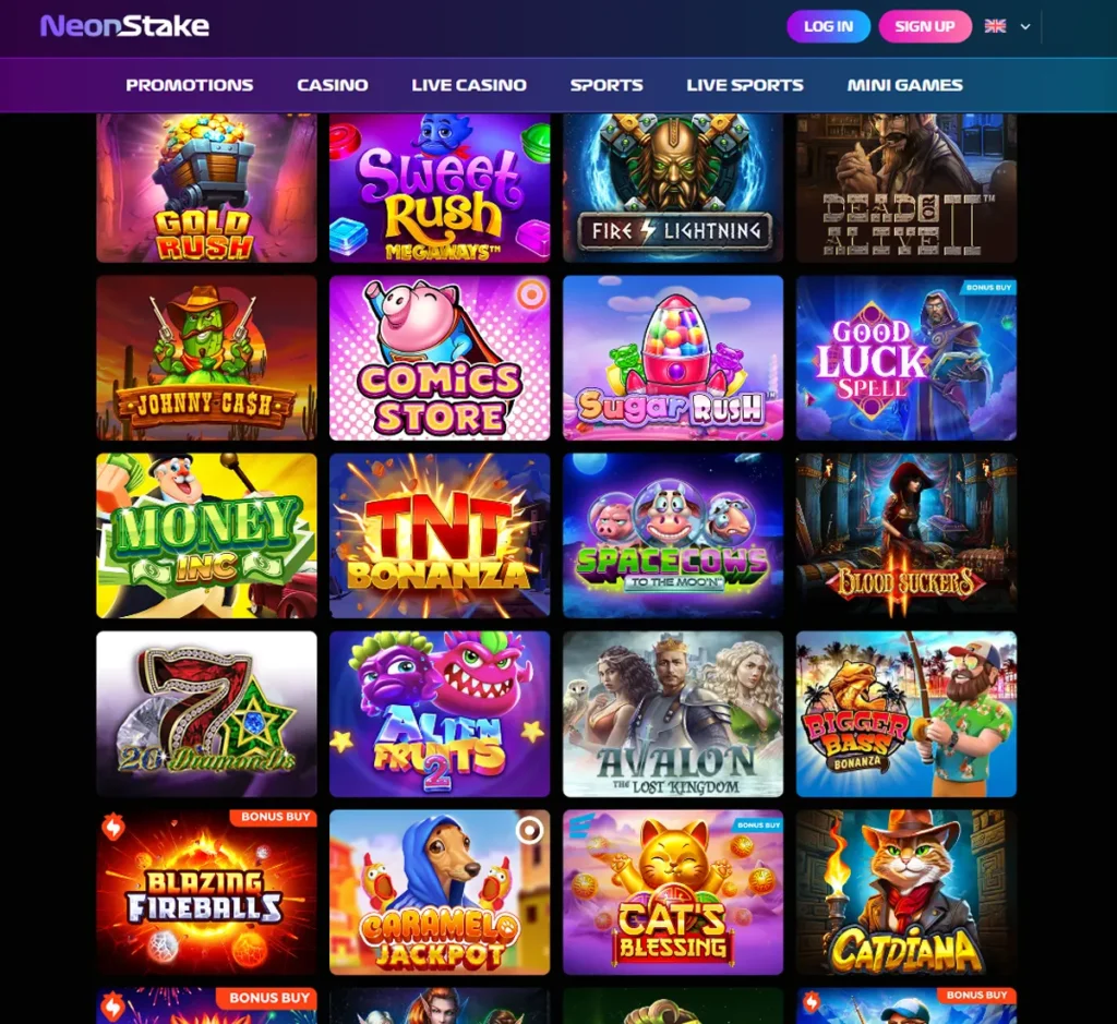 Neonstake Casino desktop slots screenshot displaying full game library with categories, featured slots, and filtering options on widescreen interface   tested
