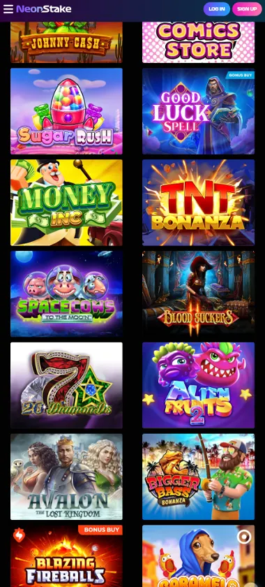 Neonstake Casino mobile slots screenshot showing slot game library with featured titles, categories, and scrollable navigation on smartphone interface   tested
