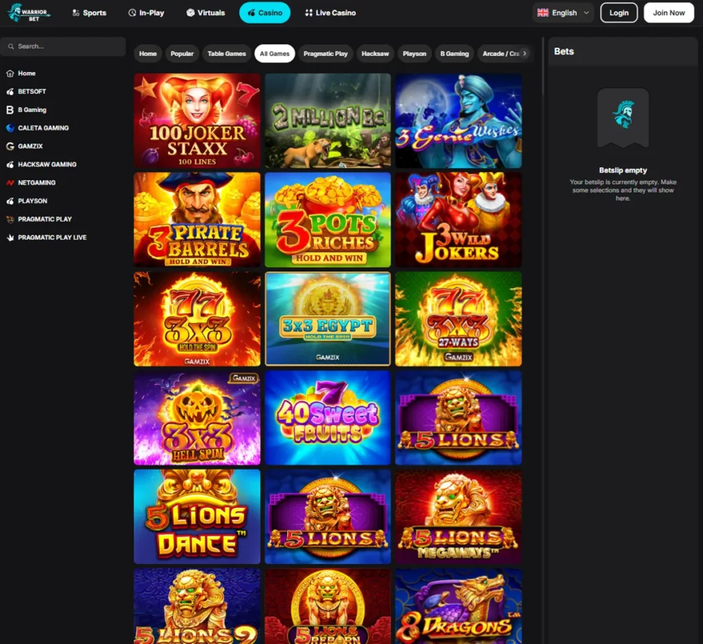 WarriorBet Casino desktop all games screenshot displaying full game library with categories, filters, and game thumbnails on widescreen interface - tested