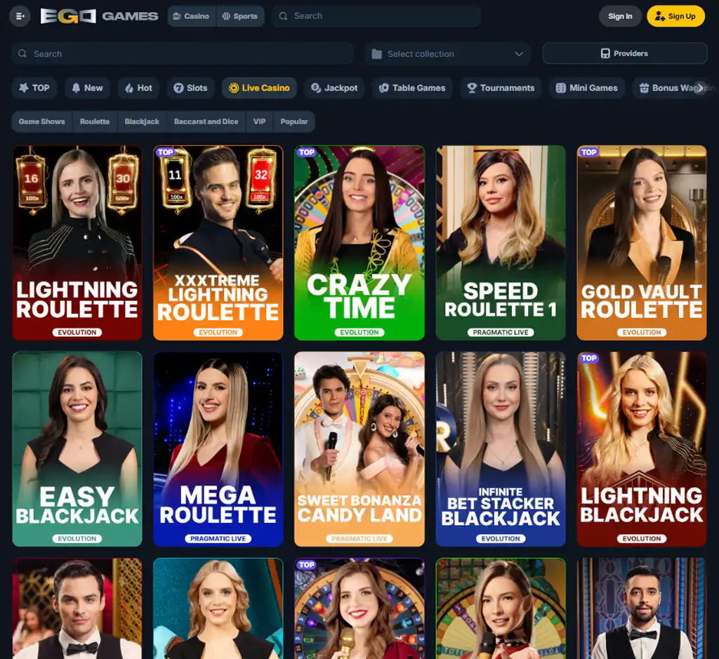 Ego Games Casino desktop live casino lobby screenshot featuring live dealer games and real-time streaming interface - review testing