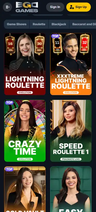 Ego Games Casino mobile live casino interface screenshot showing live dealer tables including blackjack and roulette - tested