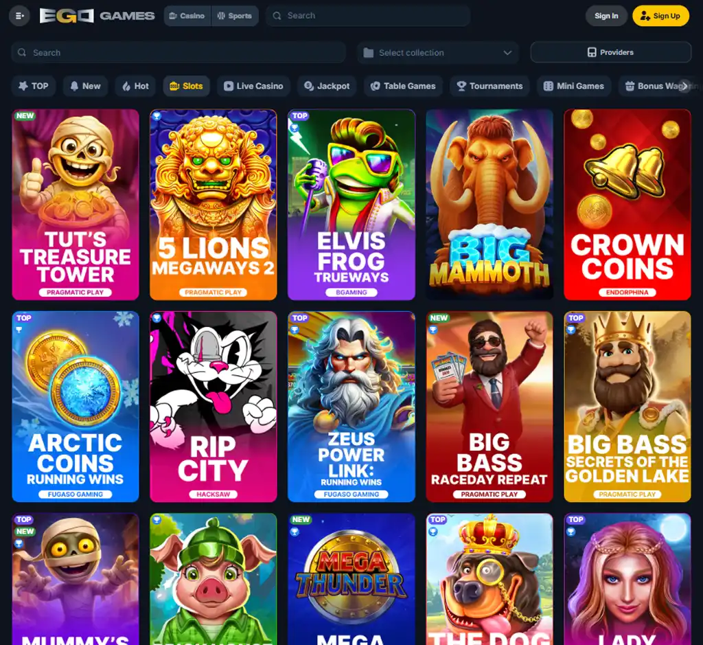 Ego Games Casino desktop slots lobby screenshot presenting variety of slot games with categories and providers - verified