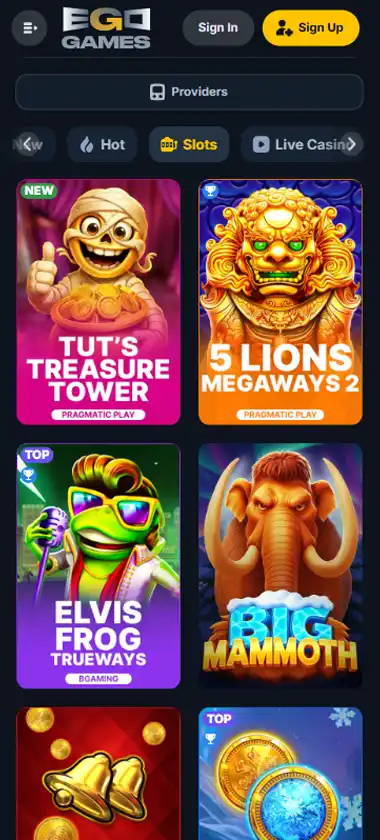 Ego Games Casino mobile slots interface screenshot showing slot game selection with popular titles and filtering options - captured during platform testing