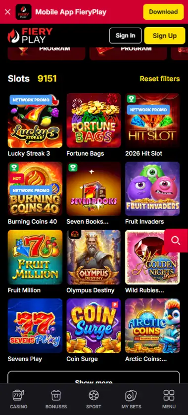 Fiery Play Casino mobile slots interface screenshot showing slot game selection with popular titles and filtering options - captured during platform testing
