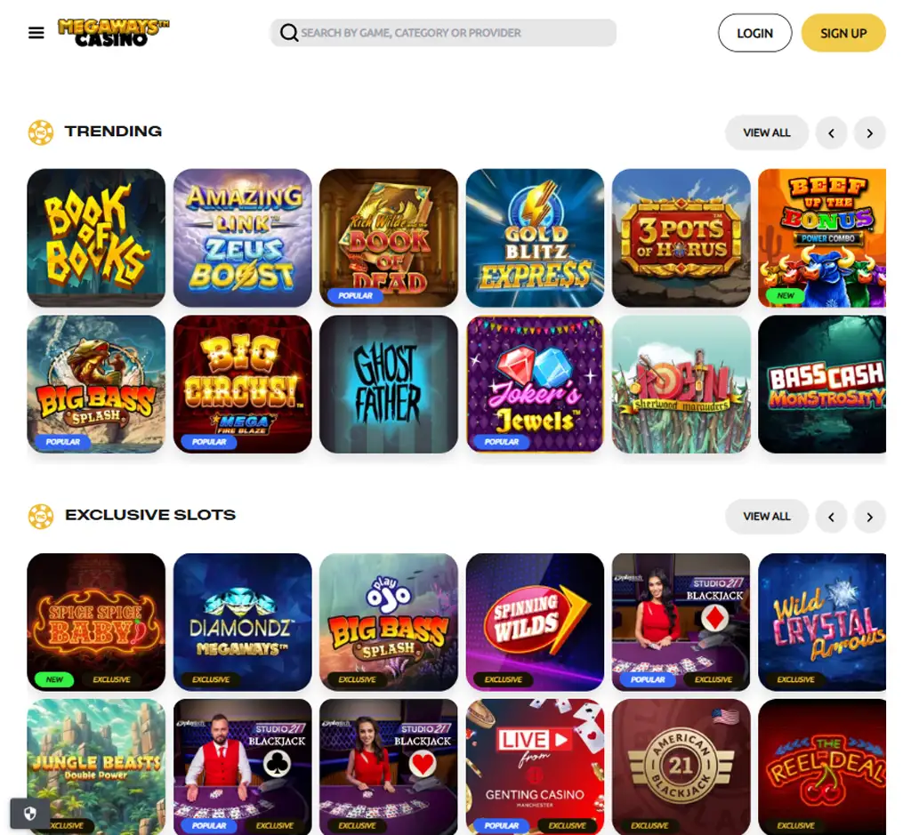 Megaways Casino desktop slots lobby screenshot presenting variety of slot games with categories and providers - tested