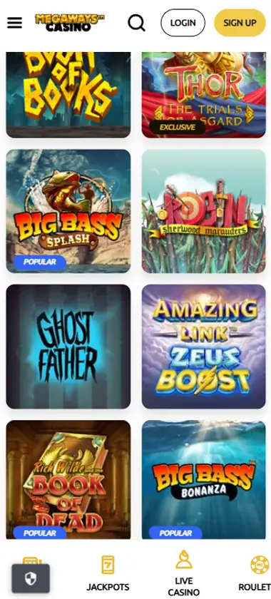 Megaways Casino mobile slots interface screenshot showing slot game selection with popular titles and filtering options - tested
