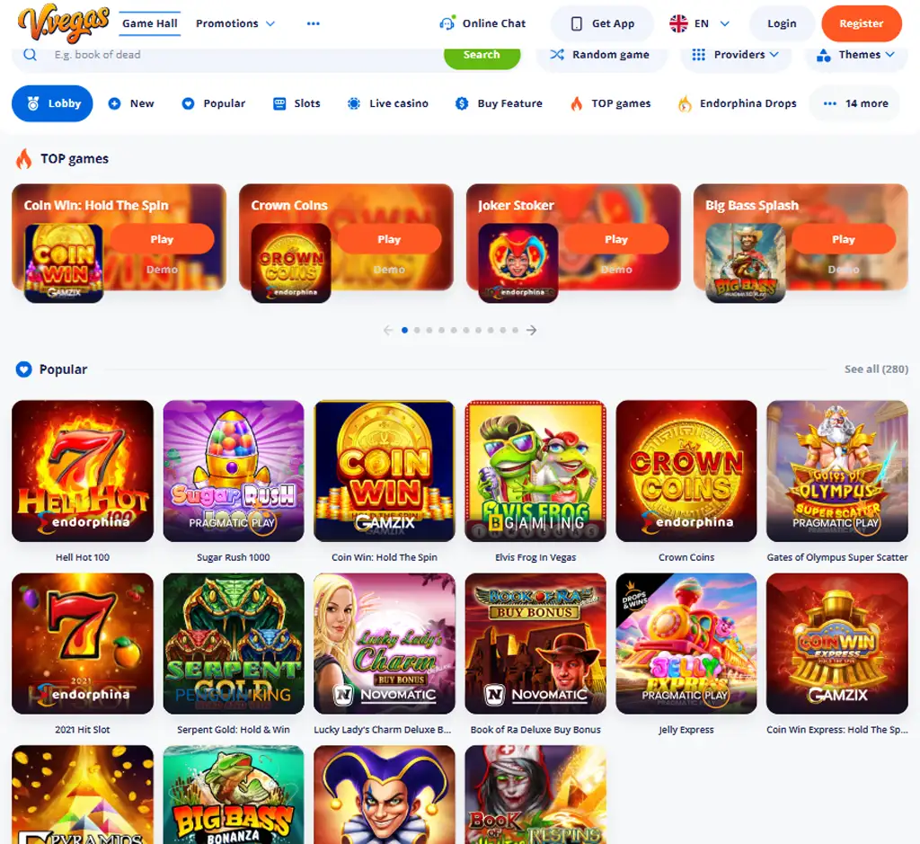 V Vegas Casino desktop homepage screenshot displaying main lobby with featured games, promotions and navigation menu   tested