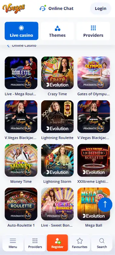 V Vegas Casino mobile live casino interface screenshot showing live dealer tables including blackjack and roulette   tested