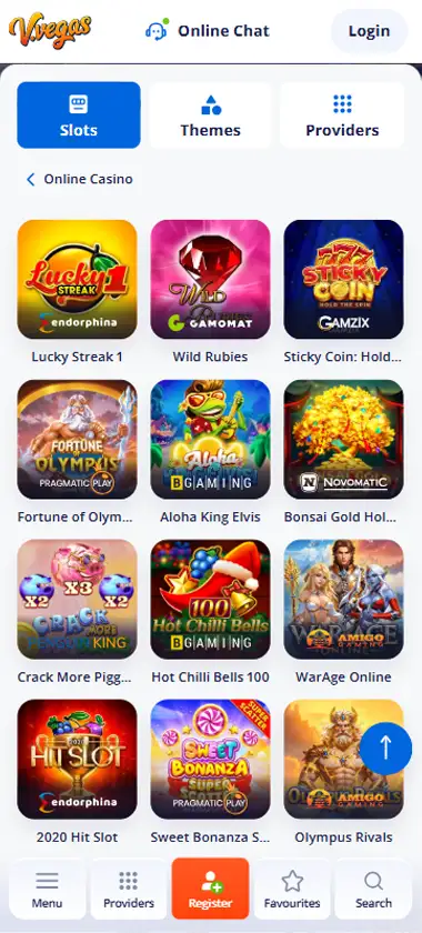 V Vegas Casino mobile slots interface screenshot showing slot game selection with popular titles and filtering options   captured during platform testing