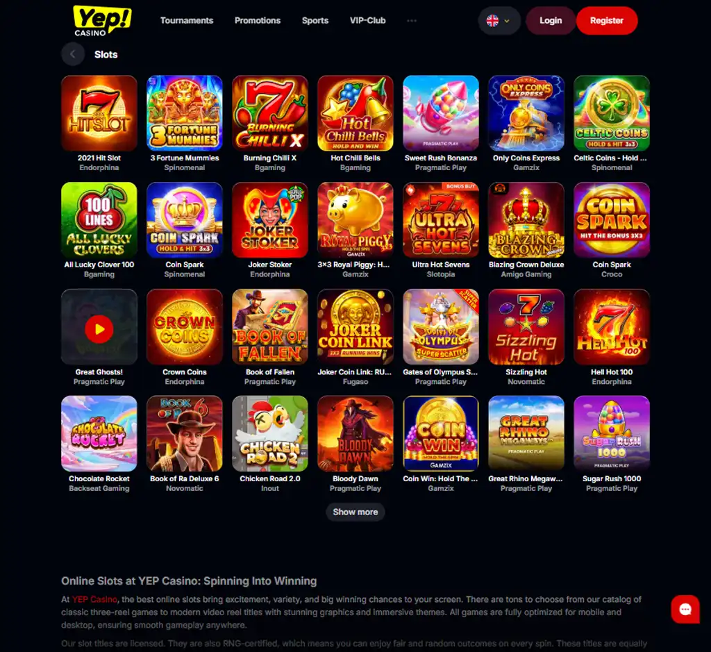 Yep Casino desktop slots lobby screenshot presenting variety of slot games with categories and providers - verified