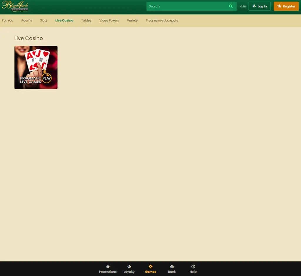 Blackjack Ballroom Casino desktop live casino lobby screenshot featuring live dealer games and real-time streaming interface - review testing