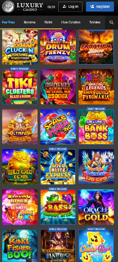 Luxury Casino mobile homepage screenshot showing main lobby with featured games and promotions - captured during platform testing