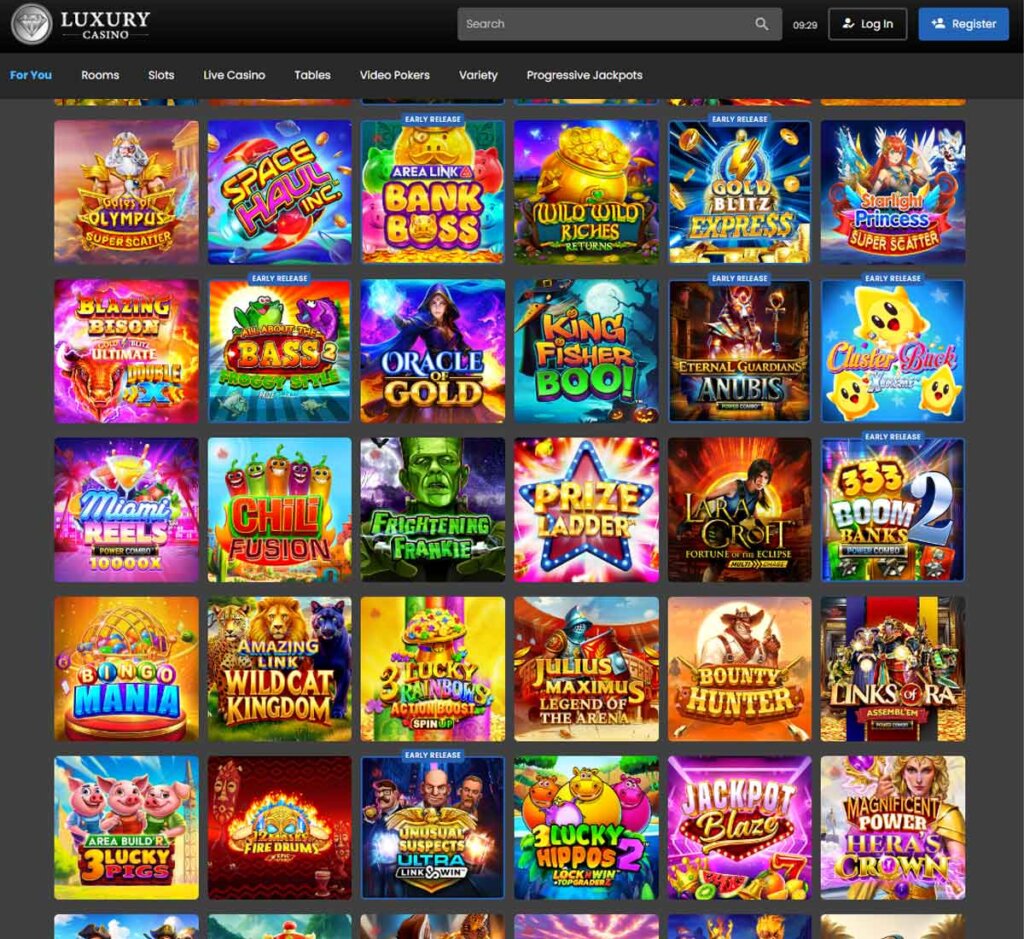 Luxury Casino desktop homepage screenshot displaying main lobby with featured games, promotions and navigation menu - tested