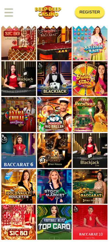 Beep Beep Casino mobile live casino interface screenshot showing live dealer tables including blackjack and roulette - tested