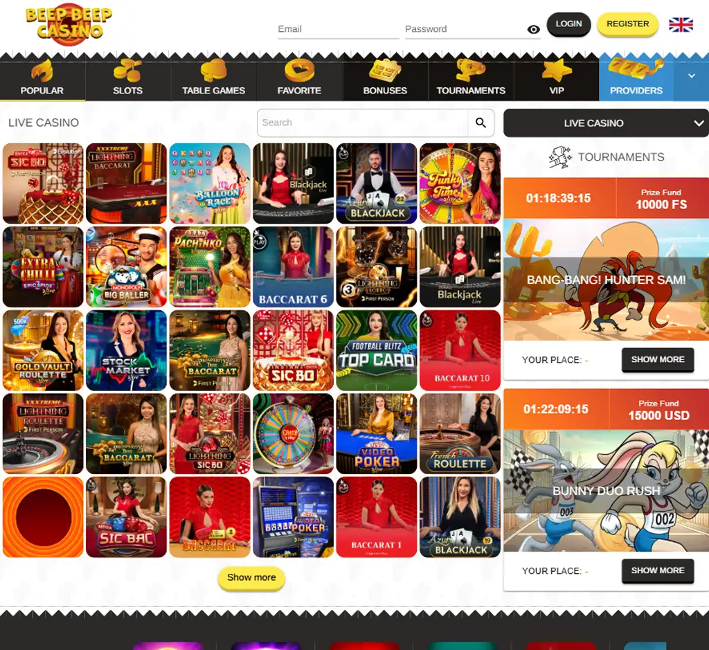 Beep Beep Casino desktop live casino lobby screenshot featuring live dealer games and real-time streaming interface - review testing