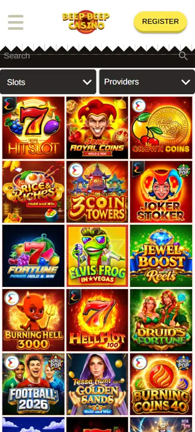 Beep Beep Casino mobile slots interface screenshot showing slot game selection with popular titles and filtering options - captured during platform testing