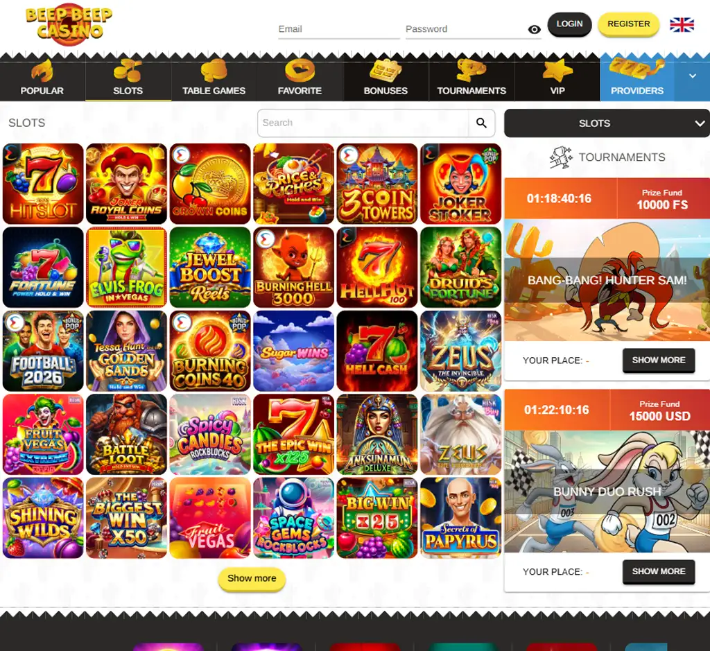 Beep Beep Casino desktop slots lobby screenshot presenting variety of slot games with categories and providers - verified