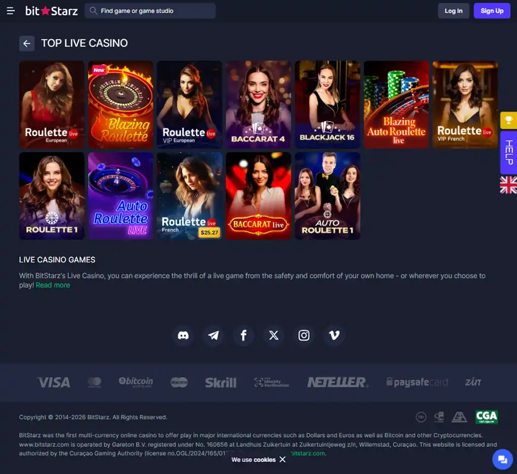 BitStarz Casino desktop live casino lobby screenshot featuring live dealer games and real-time streaming interface - Tested