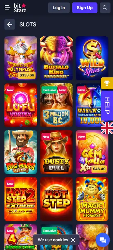 BitStarz Casino mobile slots interface screenshot showing slot game selection with popular titles and filtering options - Tested