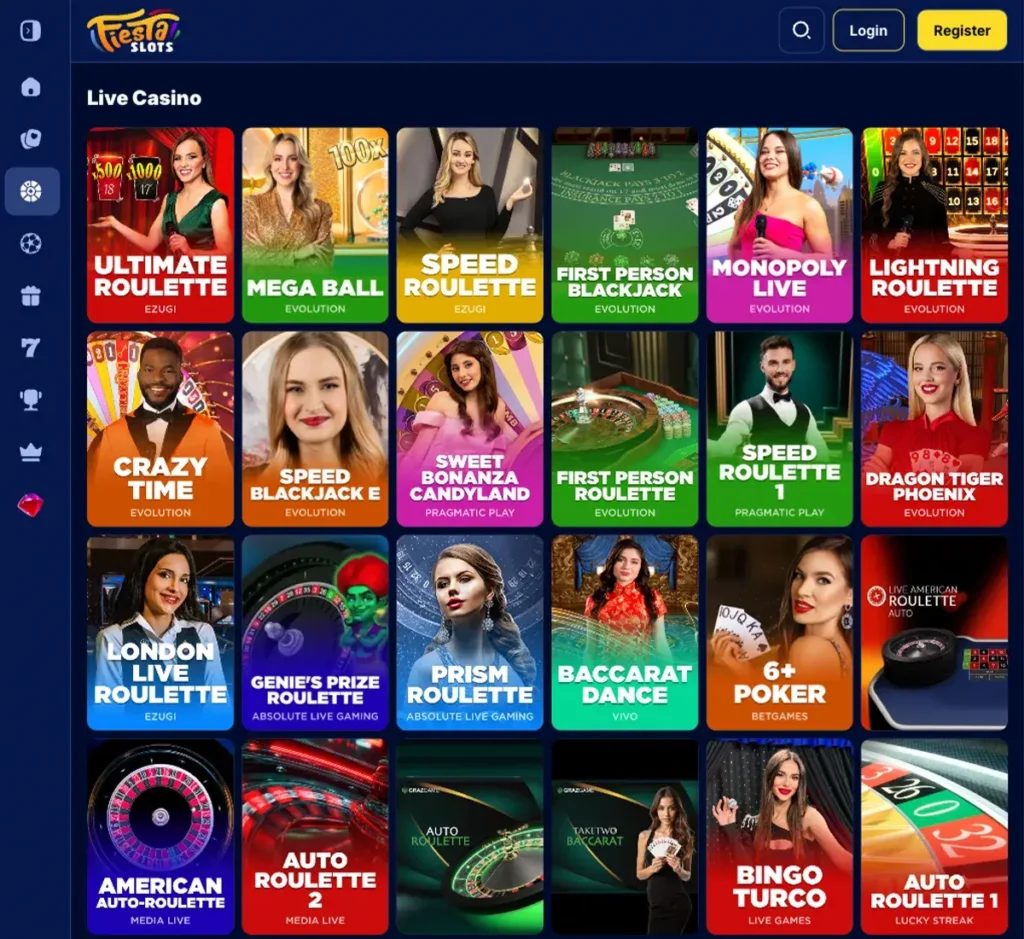 Fiesta Slots Casino desktop live casino lobby screenshot featuring live dealer games and real-time streaming interface - Tested