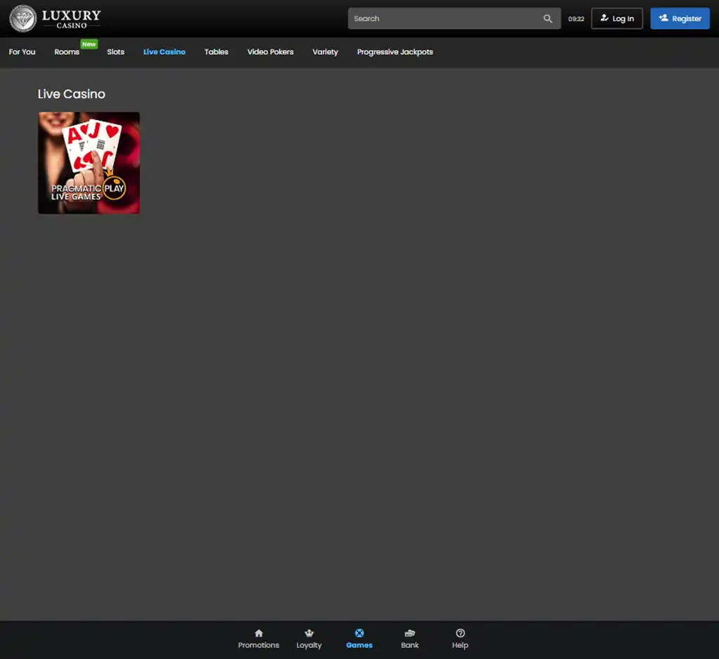 Luxury Casino desktop live casino lobby screenshot featuring live dealer games and real-time streaming interface - review testing
