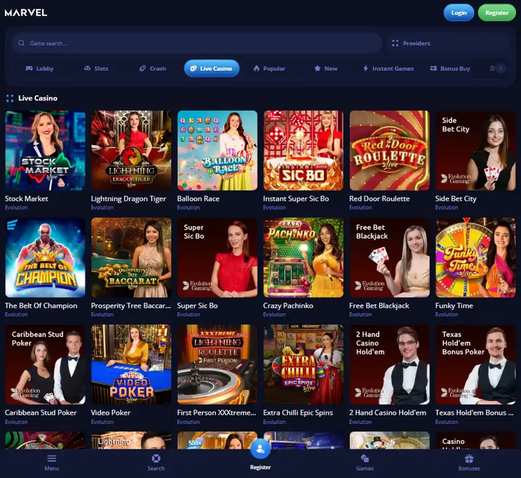 Marvel Casino desktop live casino lobby screenshot featuring live dealer games and real-time streaming interface - review testing