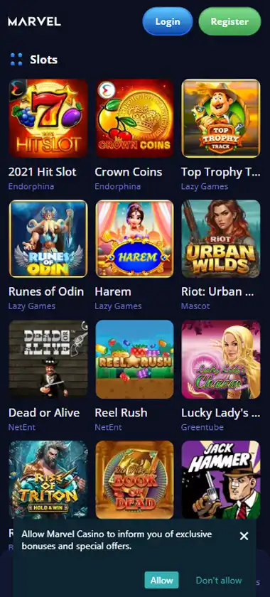 Marvel Casino mobile slots interface screenshot showing slot game selection with popular titles and filtering options - captured during platform testing