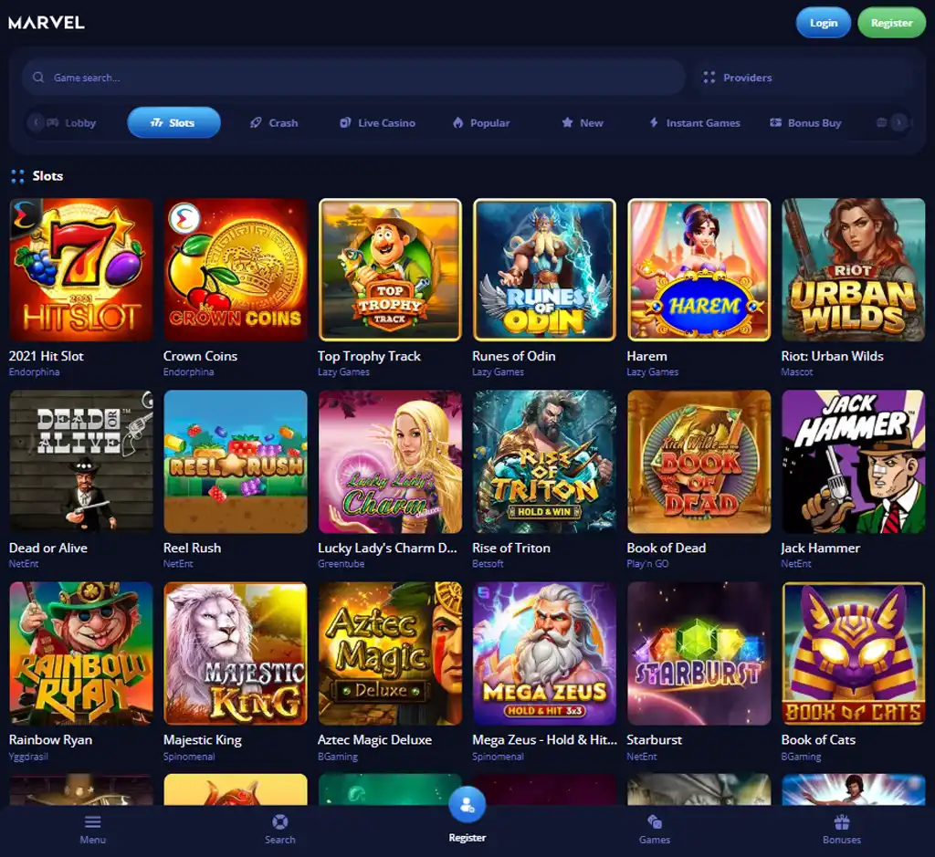 Marvel Casino desktop slots lobby screenshot presenting variety of slot games with categories and providers - verified