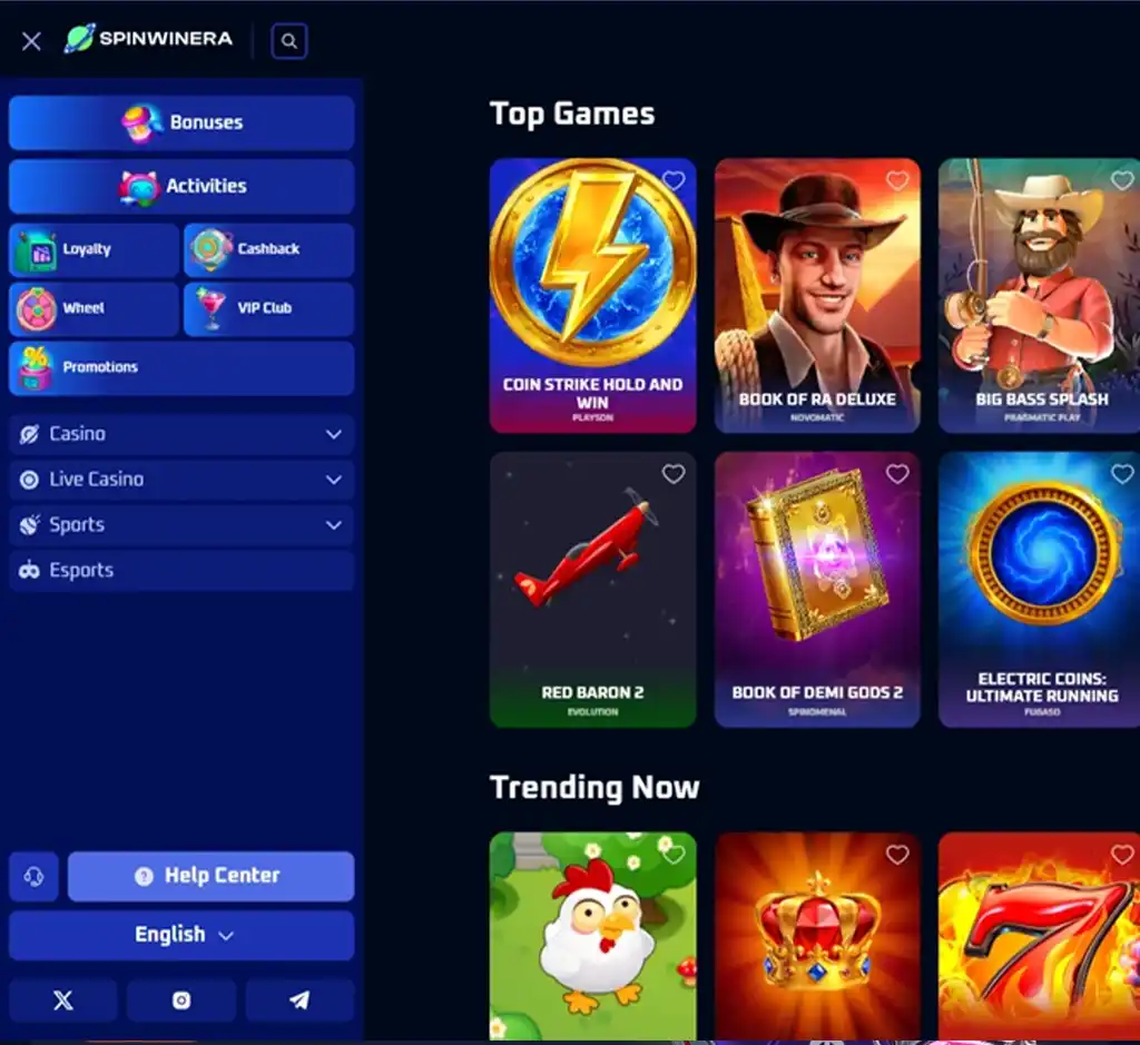 Spinwinera Casino desktop homepage screenshot displaying main casino lobby with featured games, promotions and navigation menu   tested