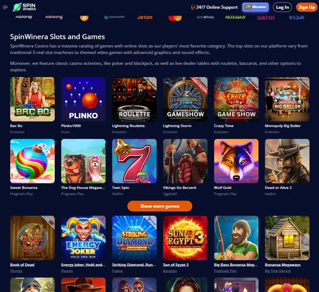 Spinwinera Casino desktop slots lobby screenshot presenting variety of slot games with categories and providers   verified