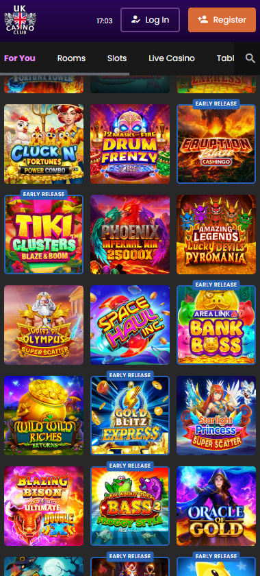 UK Casino Club mobile homepage screenshot showing main lobby with featured games and promotions - captured during platform testing