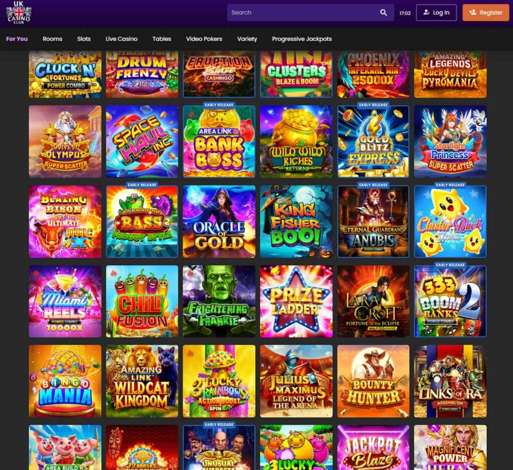 UK Casino Club desktop homepage screenshot displaying main lobby with featured games, promotions and navigation menu - tested