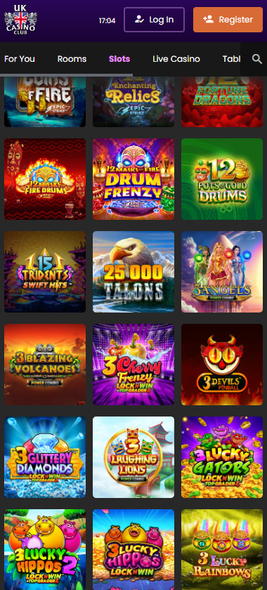 UK Casino Club mobile slots interface screenshot showing slot game selection with popular titles and filtering options - captured during platform testing