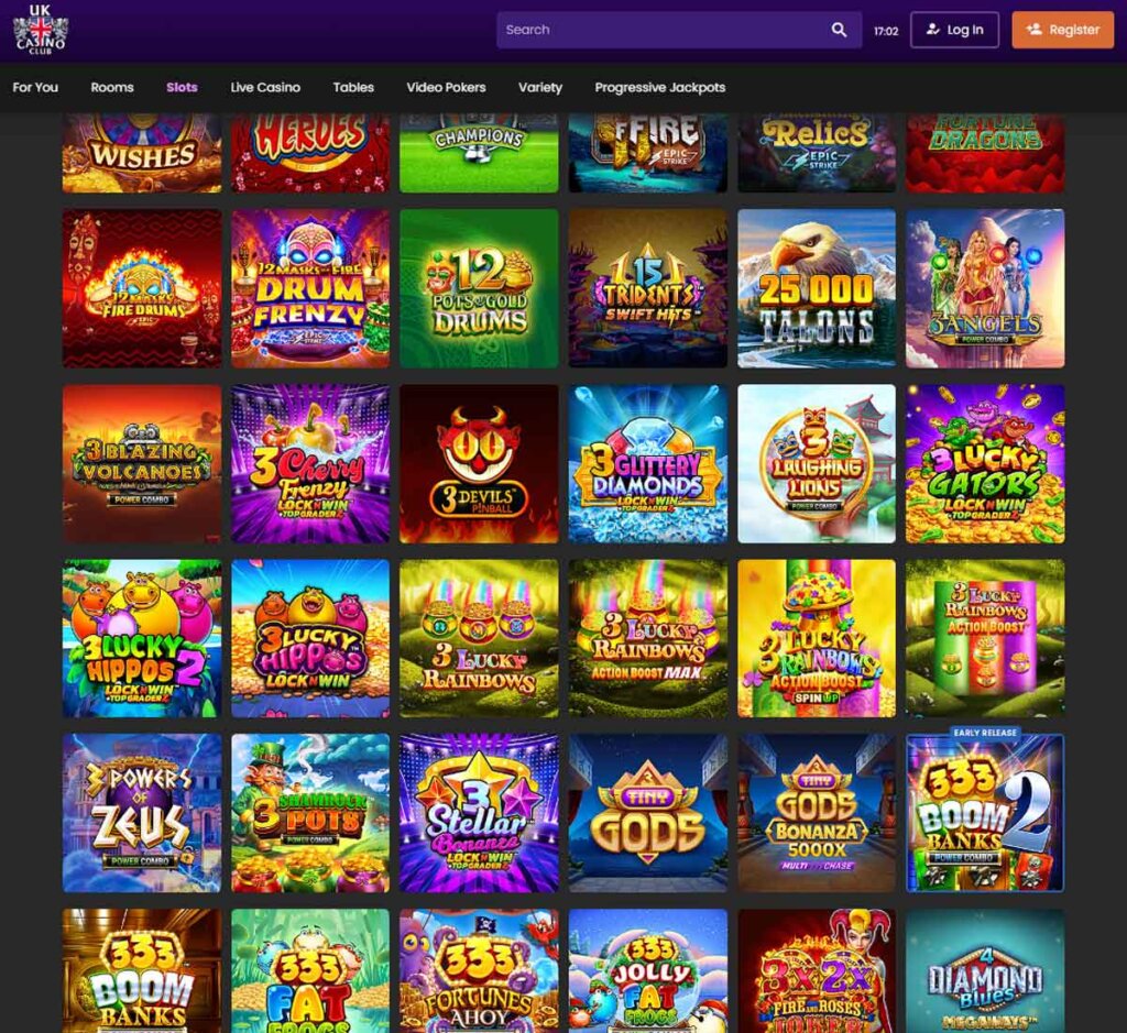 UK Casino Club desktop slots lobby screenshot presenting variety of slot games with categories and providers - verified