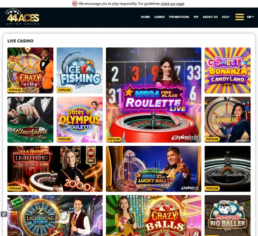 44 Aces Casino desktop live casino lobby screenshot featuring live dealer games and real time streaming interface   review testing
